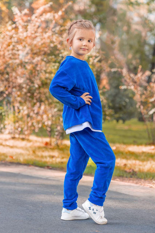 Costum din catifea pentru fete, albastru - Almira