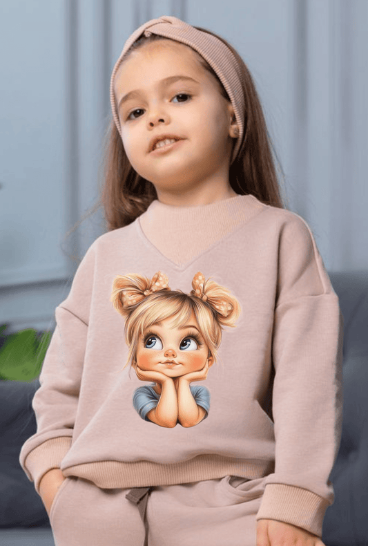 Costum din futer pentru fete, bej, cu imprimeu - Almira